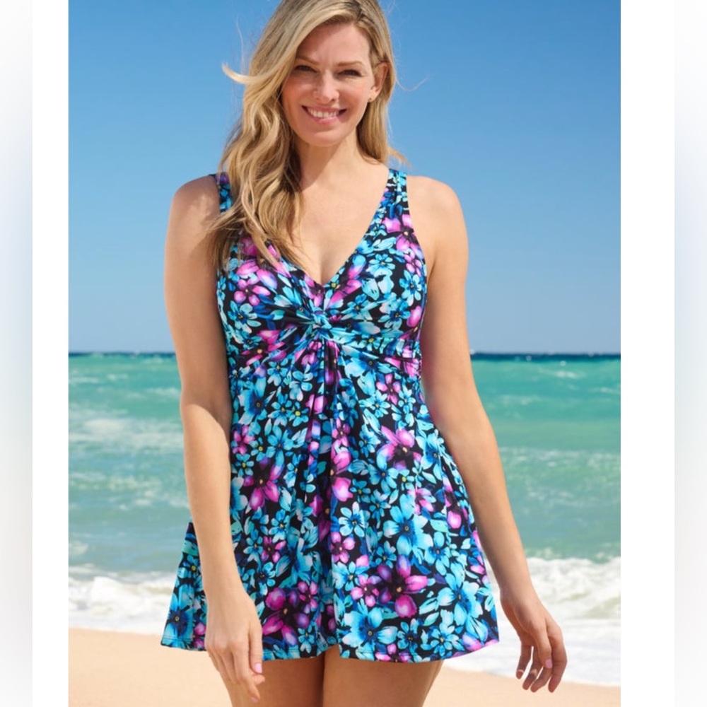 Pink and Green Floral Twist-Front  V-Neck Tummy Control One-Piece Swimdress